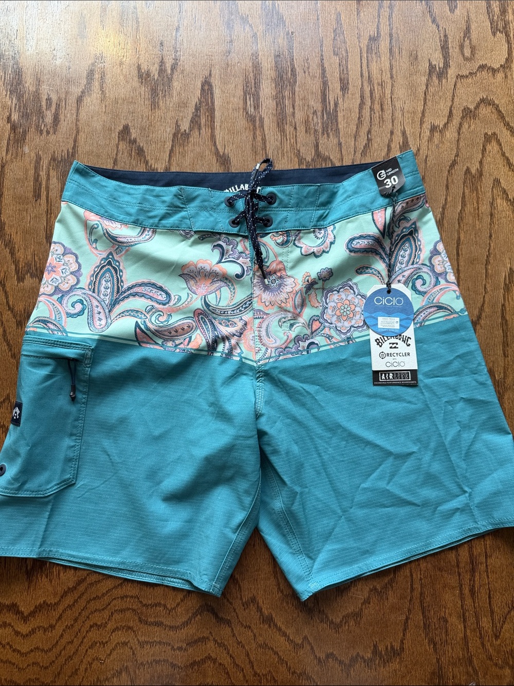 Billabong Teal and Mint Paisley Swim Trunks